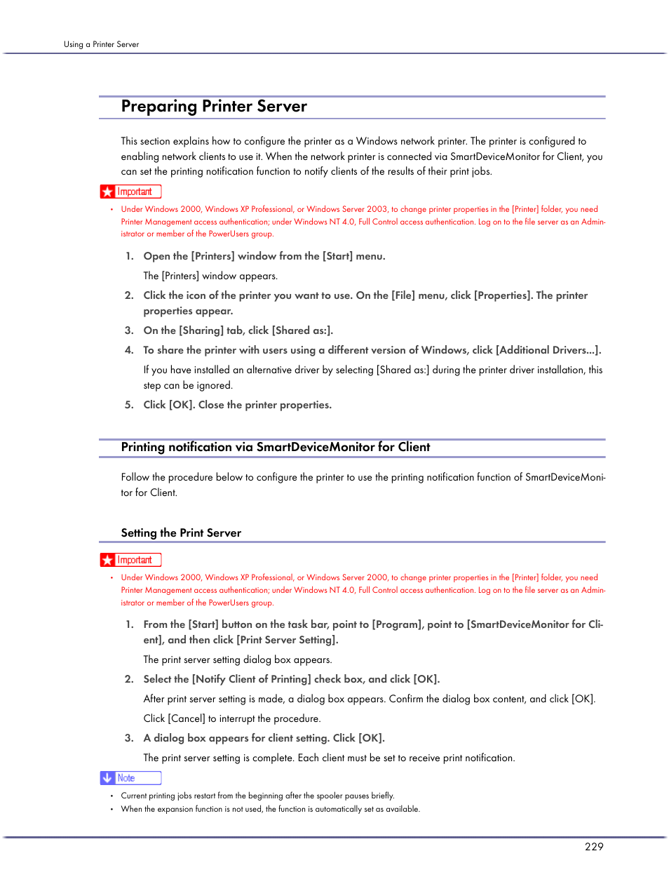 Preparing printer server, Setting the print server | Lanier GX3050 User Manual | Page 232 / 265