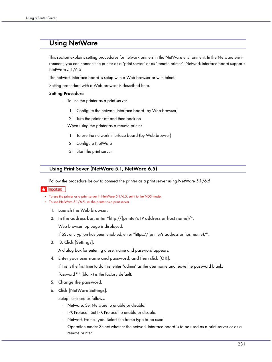 Using netware, Using print sever (netware 5.1, netware 6.5) | Lanier GX3050 User Manual | Page 234 / 265