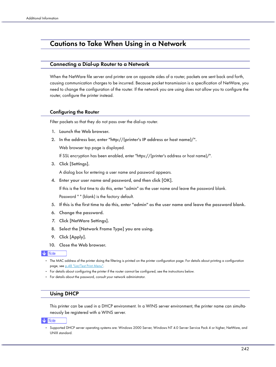 Cautions to take when using in a network, Connecting a dial-up router to a network, Using dhcp | Configuring the router | Lanier GX3050 User Manual | Page 245 / 265