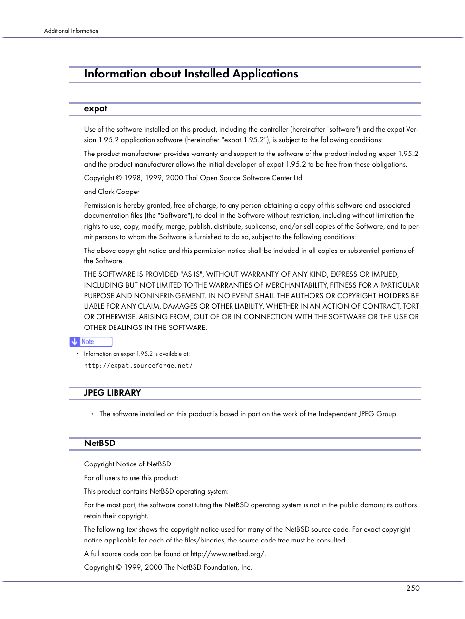 Information about installed applications, Expat, Jpeg library | Netbsd | Lanier GX3050 User Manual | Page 253 / 265