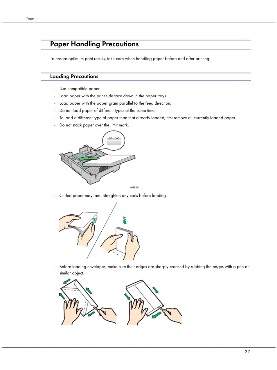 Paper handling precautions, Loading precautions, Use compatible paper | Do not stack paper over the limit mark | Lanier GX3050 User Manual | Page 30 / 265