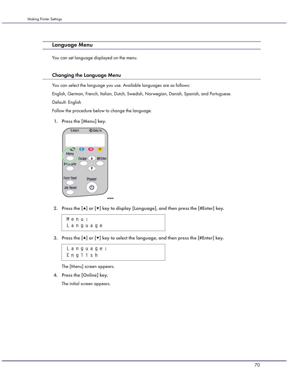 Language menu, Changing the language menu | Lanier GX3050 User Manual | Page 73 / 265