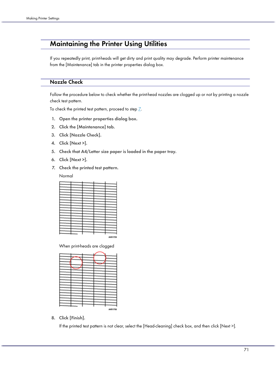 Maintaining the printer using utilities, Nozzle check | Lanier GX3050 User Manual | Page 74 / 265