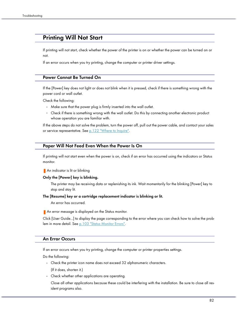 Printing will not start, Power cannot be turned on, Paper will not feed even when the power is on | An error occurs | Lanier GX3050 User Manual | Page 85 / 265