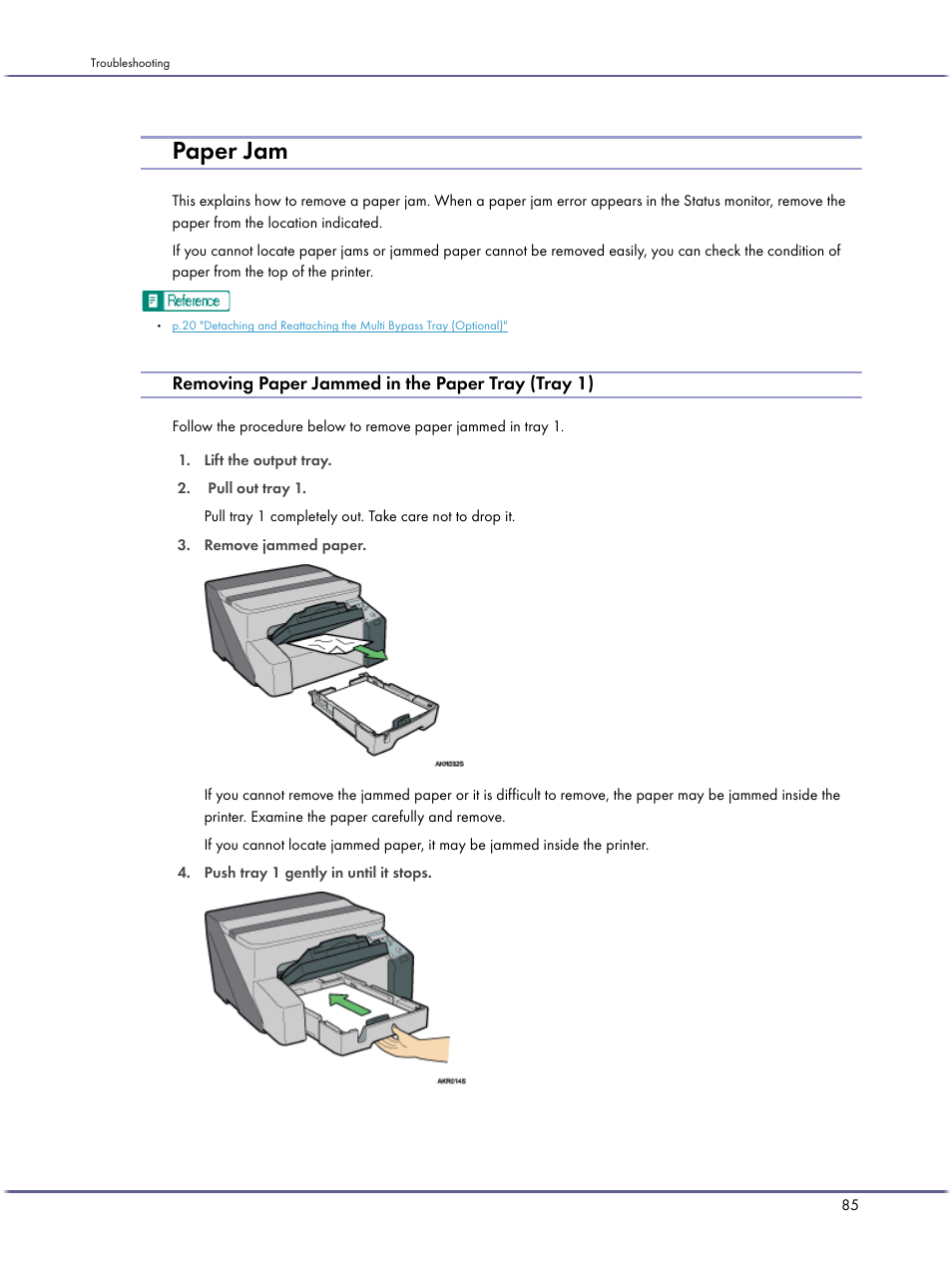 Paper jam, Removing paper jammed in the paper tray (tray 1), P.85 "paper jam | Lanier GX3050 User Manual | Page 88 / 265