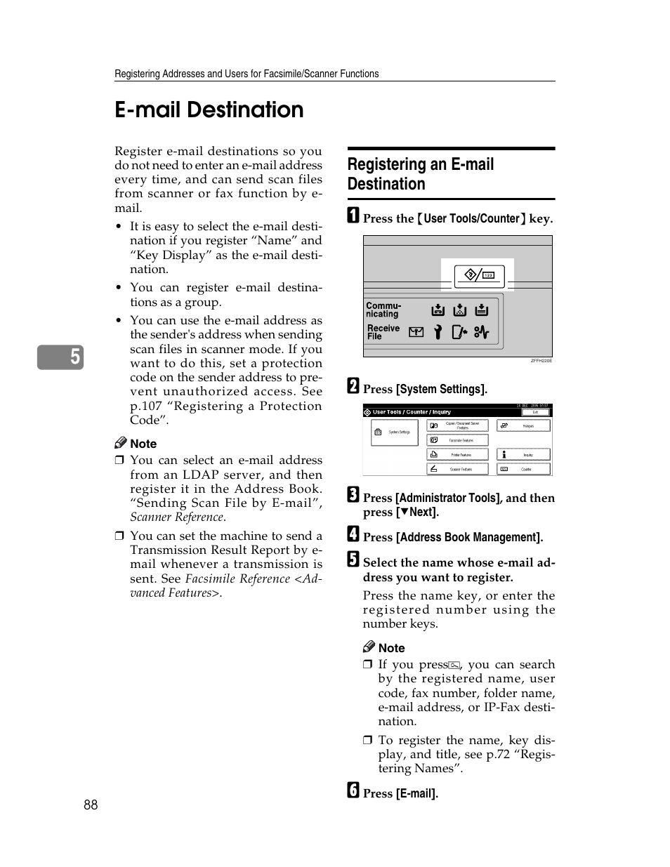 E-mail destination, Registering an e-mail destination, See p.88 “e-mail destination | 5e-mail destination | Lanier LD230 User Manual | Page 100 / 182
