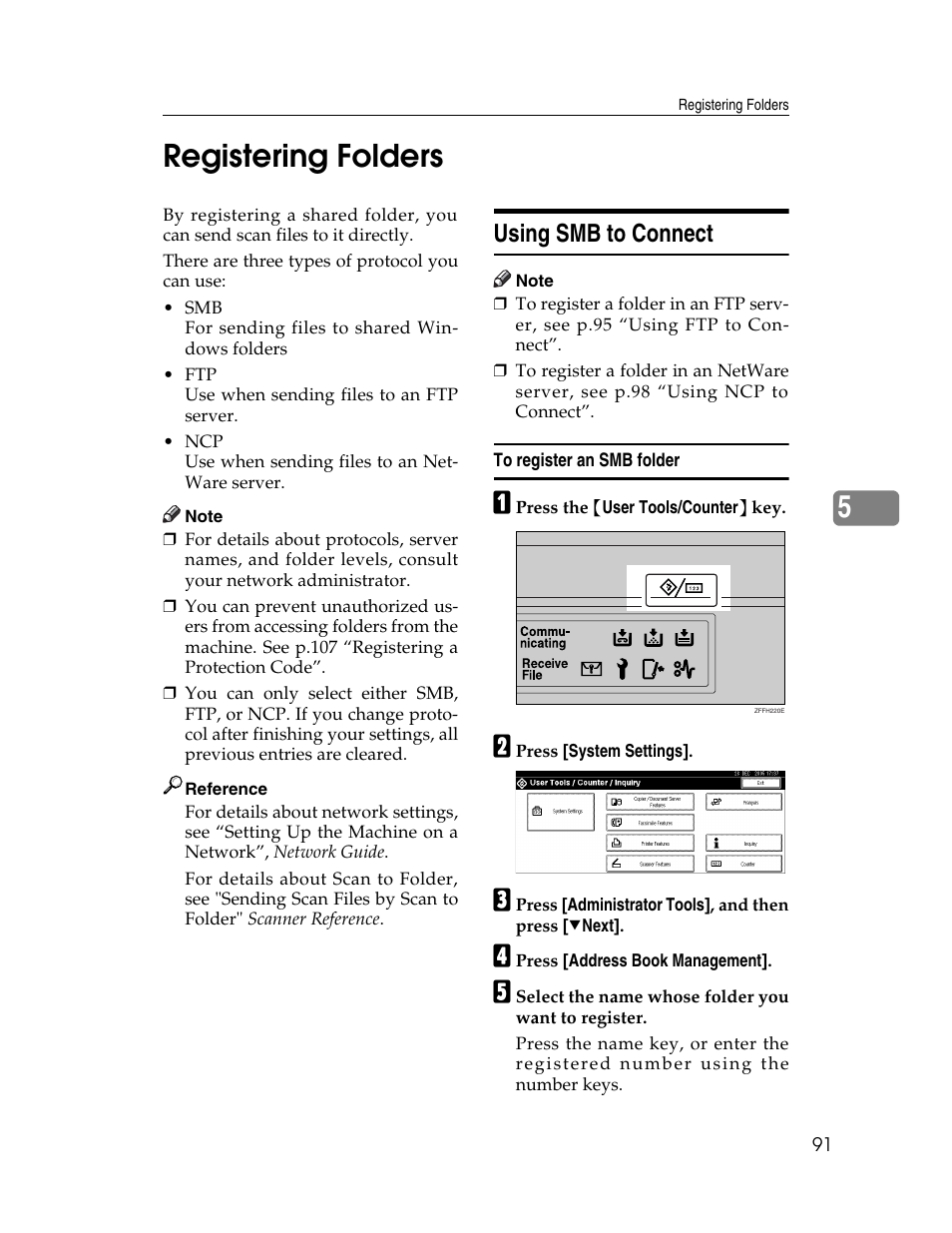 Registering folders, Using smb to connect, To register an smb folder | See p.91 “registering folders, 5registering folders | Lanier LD230 User Manual | Page 103 / 182
