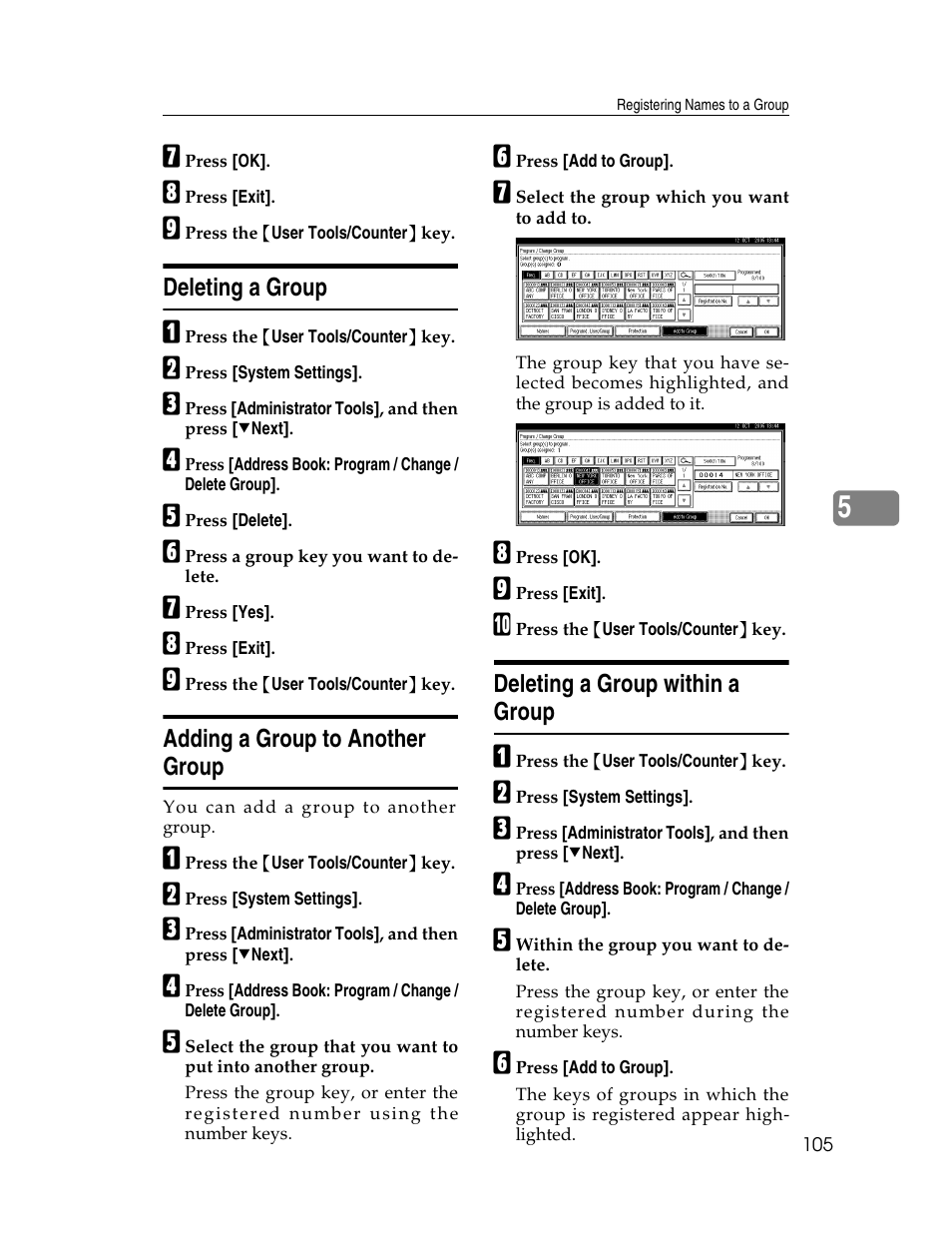 Deleting a group, Adding a group to another group, Deleting a group within a group | Lanier LD230 User Manual | Page 117 / 182