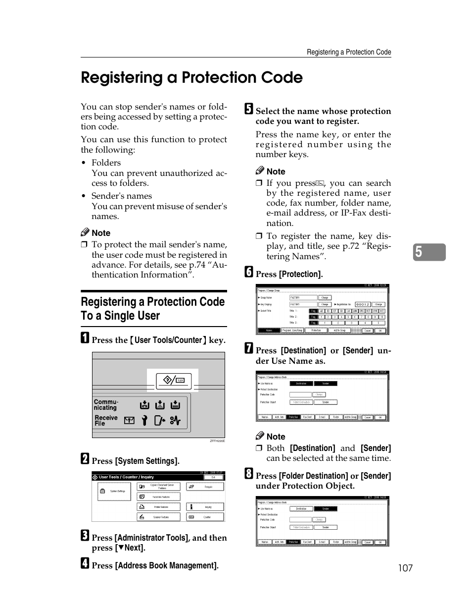 Registering a protection code, Registering a protection code to a single user, E p.107 “reg- istering a protection code | 5registering a protection code | Lanier LD230 User Manual | Page 119 / 182