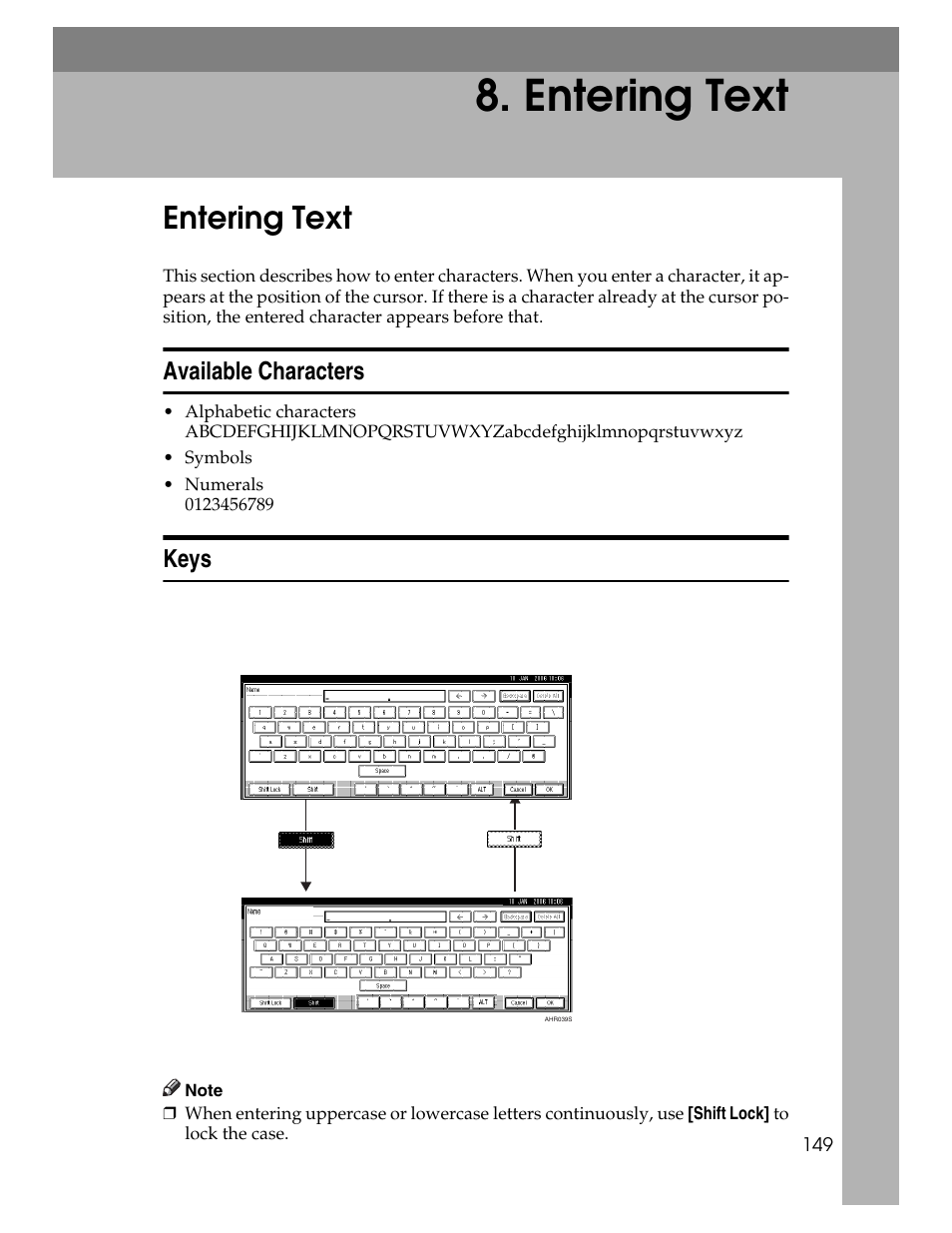 Entering text, Available characters, Keys | Available characters keys, P.149 “entering text | Lanier LD230 User Manual | Page 161 / 182