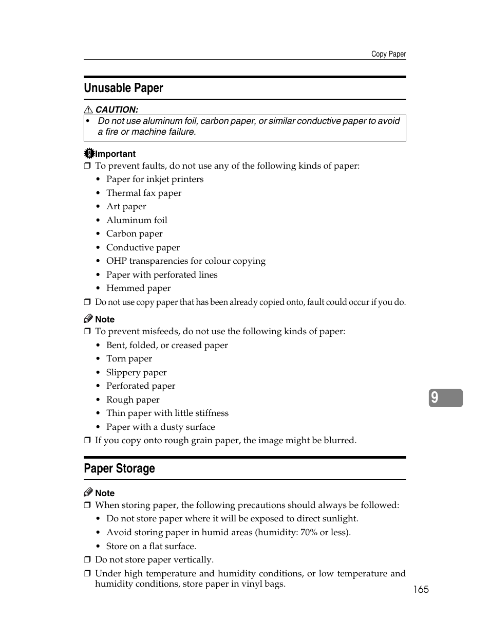 Unusable paper, Paper storage, Unusable paper paper storage | Lanier LD230 User Manual | Page 177 / 182