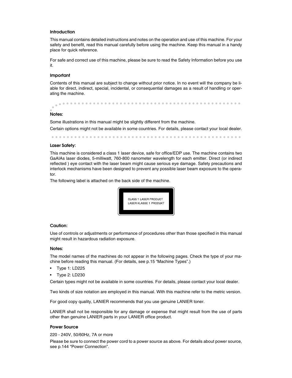 Introduction, Important, Notes | Laser safety, Caution, Power source | Lanier LD230 User Manual | Page 2 / 182