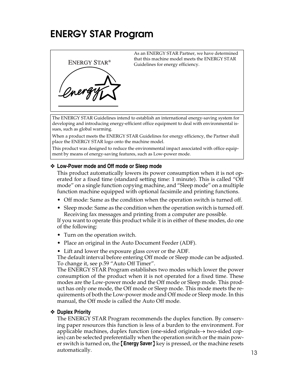 Energy star program | Lanier LD230 User Manual | Page 25 / 182