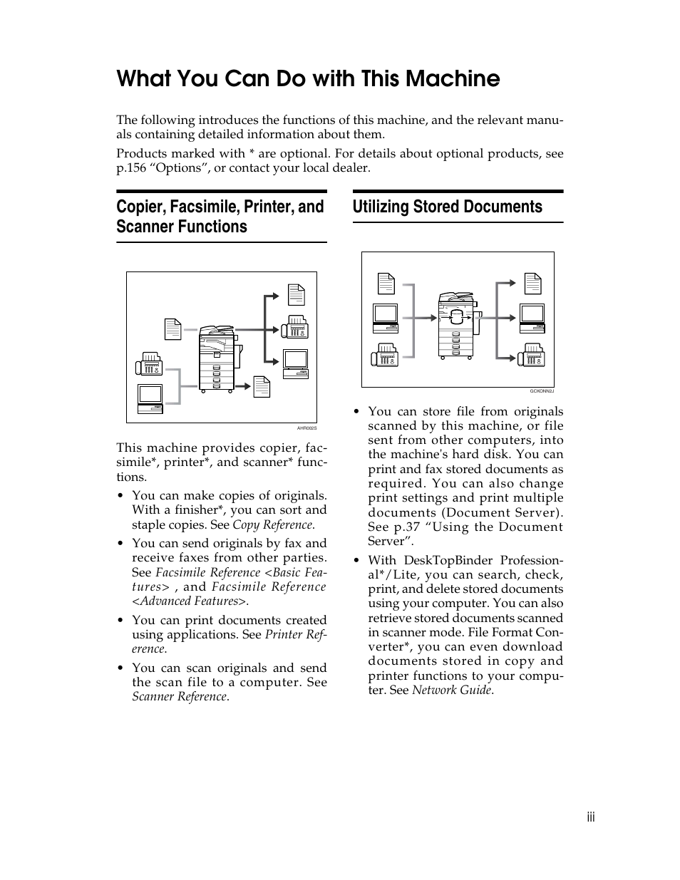 What you can do with this machine, Copier, facsimile, printer, and scanner functions, Utilizing stored documents | Lanier LD230 User Manual | Page 5 / 182