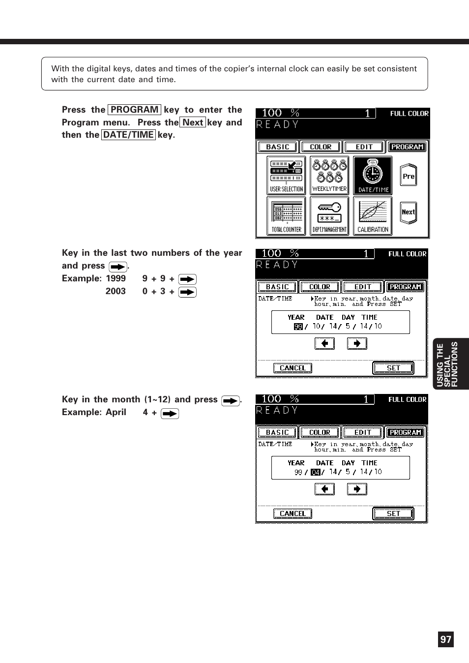 Setting the date and time | Lanier DIGITAL COLOR PRINTER/COPIER 5722 User Manual | Page 100 / 173