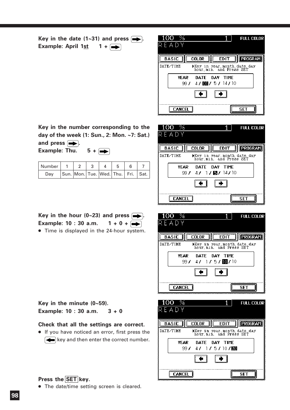 Setting the date and time (cont.) | Lanier DIGITAL COLOR PRINTER/COPIER 5722 User Manual | Page 101 / 173