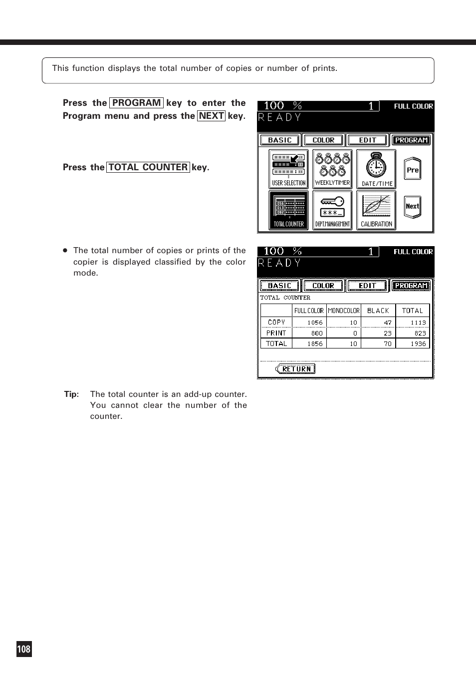 Total counter | Lanier DIGITAL COLOR PRINTER/COPIER 5722 User Manual | Page 113 / 173