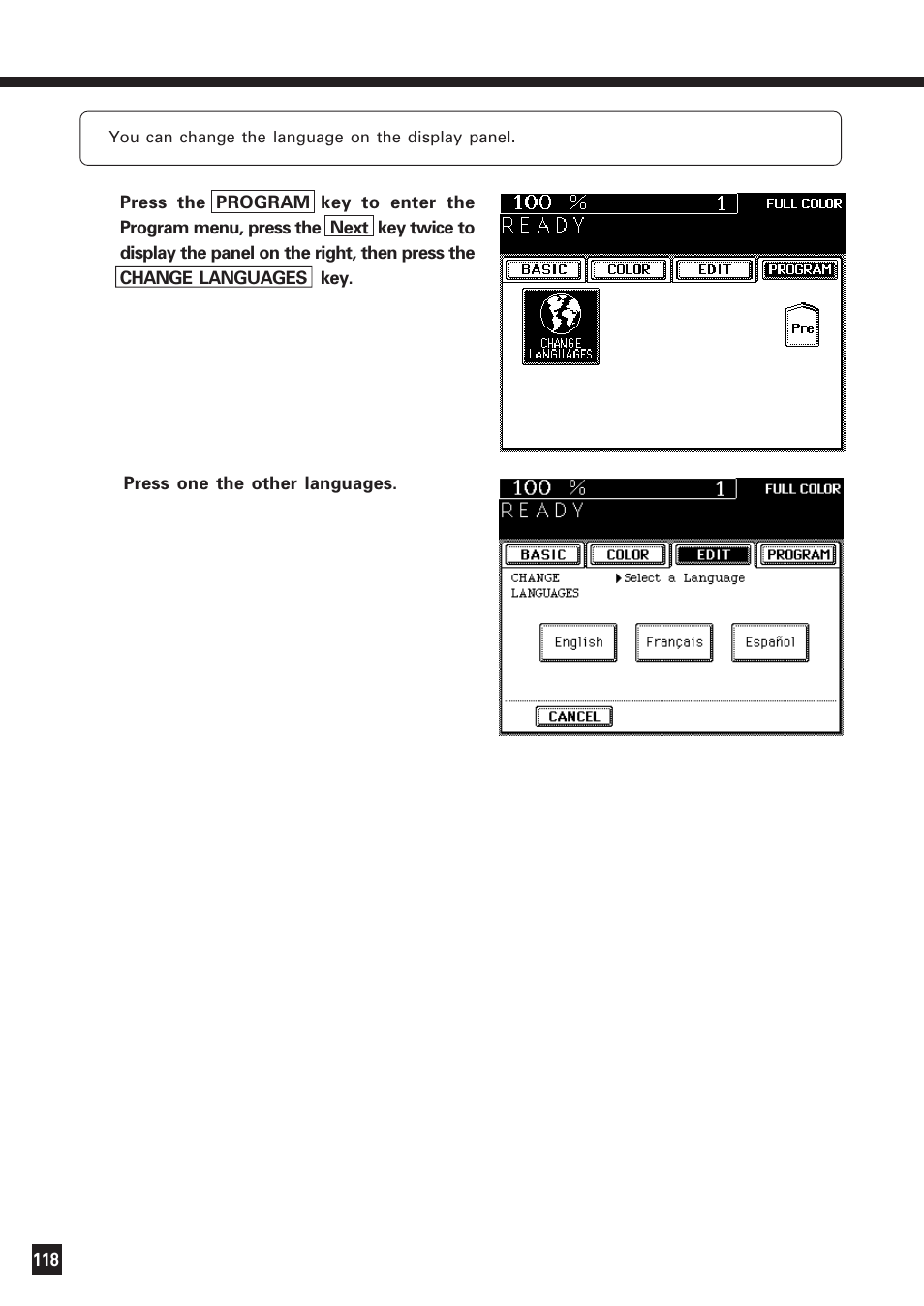 Change of language on the display panel | Lanier DIGITAL COLOR PRINTER/COPIER 5722 User Manual | Page 123 / 173