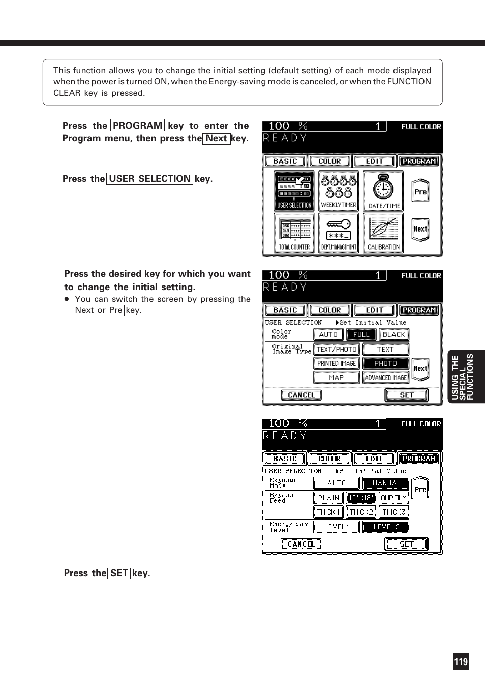 User selection (initial settings) | Lanier DIGITAL COLOR PRINTER/COPIER 5722 User Manual | Page 124 / 173