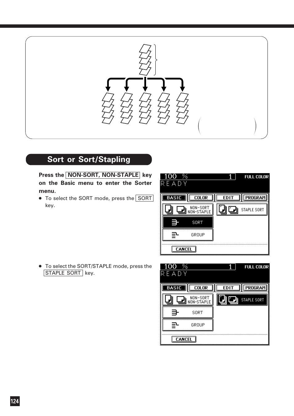 Sort or sort / staple copying, Sort or sort/staple copying, Sort or sort/stapling | Lanier DIGITAL COLOR PRINTER/COPIER 5722 User Manual | Page 129 / 173