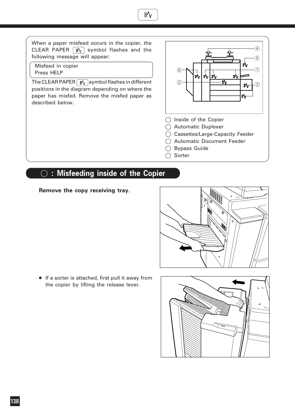 Clear paper symbol, 1) misfeeding inside of the copier, Misfeeding inside of the copier | Lanier DIGITAL COLOR PRINTER/COPIER 5722 User Manual | Page 143 / 173