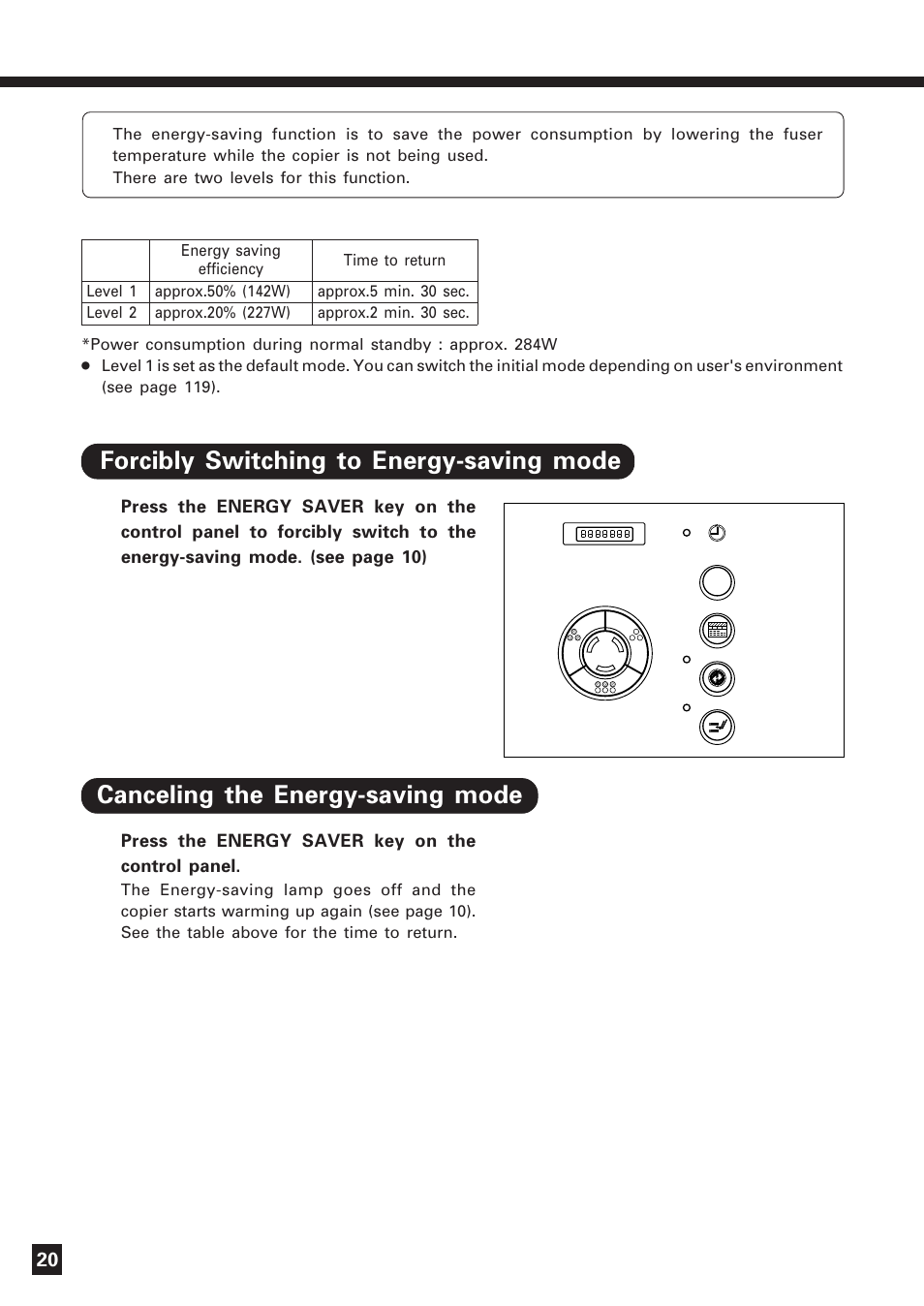 Energy-saving function, Auto job start mode, Forcibly switching to energy-saving mode | Canceling the energy-saving mode | Lanier DIGITAL COLOR PRINTER/COPIER 5722 User Manual | Page 23 / 173