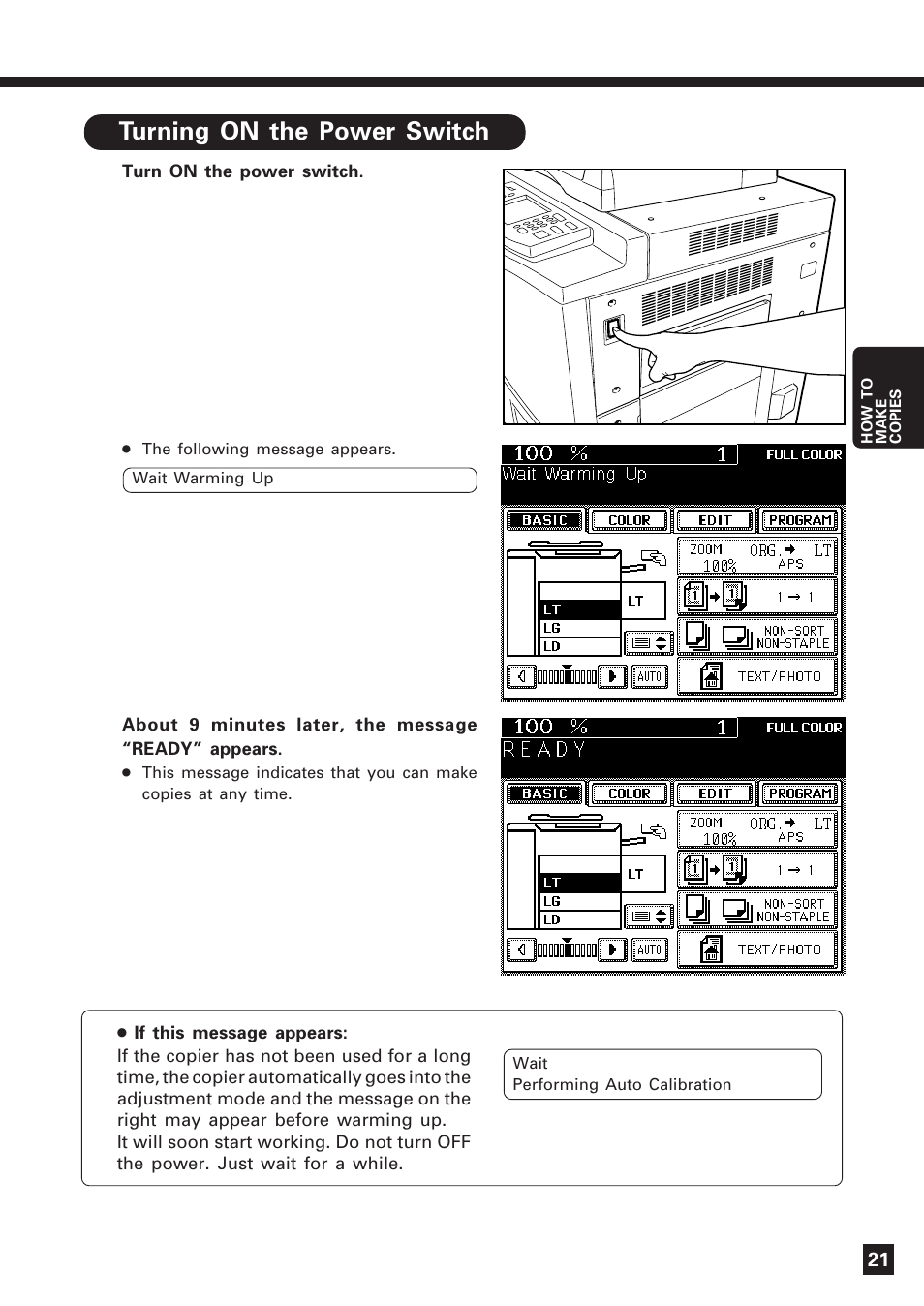Turning on the power switch / auto job start | Lanier DIGITAL COLOR PRINTER/COPIER 5722 User Manual | Page 24 / 173