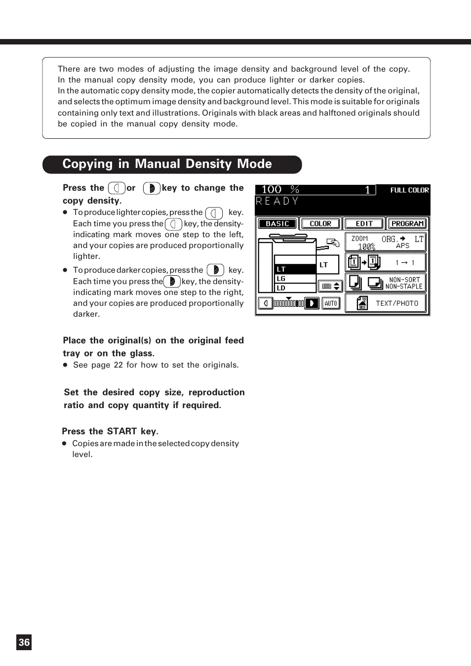 Copying with copy density selection | Lanier DIGITAL COLOR PRINTER/COPIER 5722 User Manual | Page 39 / 173