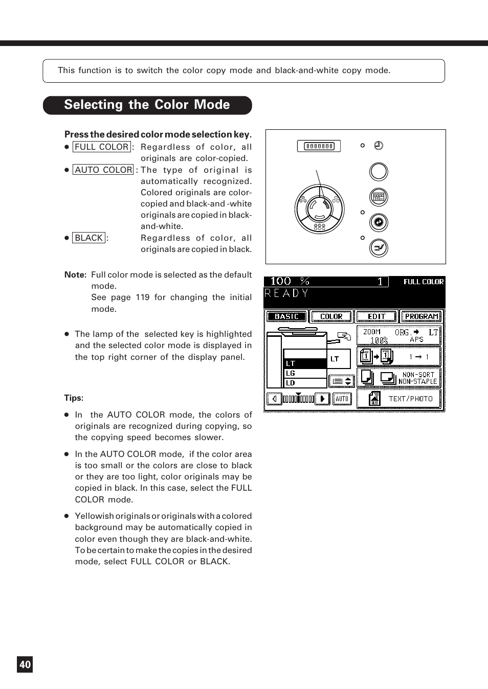 Color mode, Selecting the color mode | Lanier DIGITAL COLOR PRINTER/COPIER 5722 User Manual | Page 43 / 173