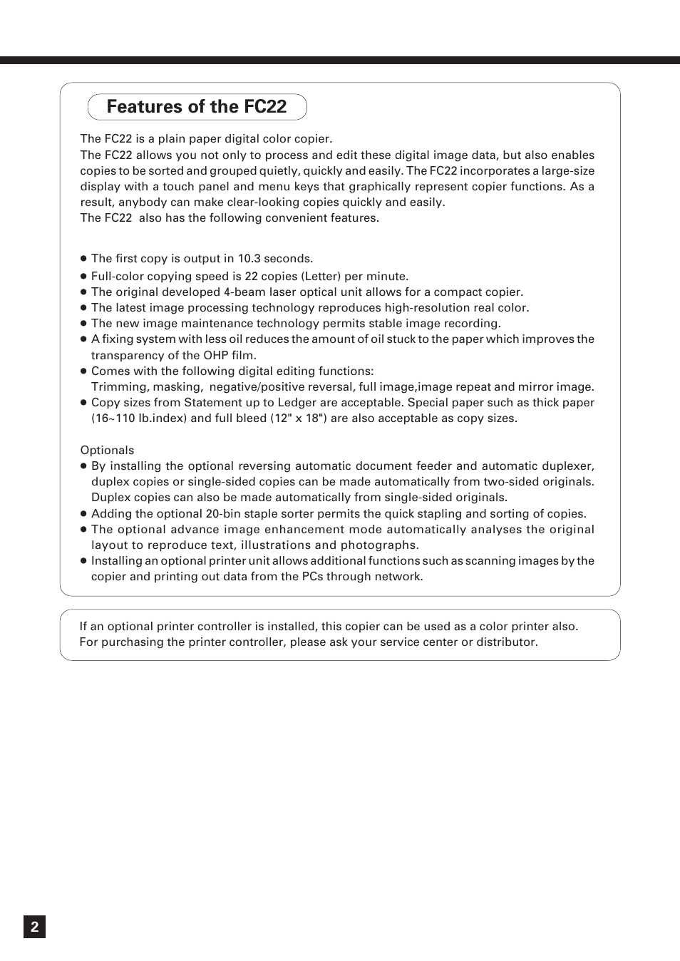 Features of the fc22 | Lanier DIGITAL COLOR PRINTER/COPIER 5722 User Manual | Page 5 / 173