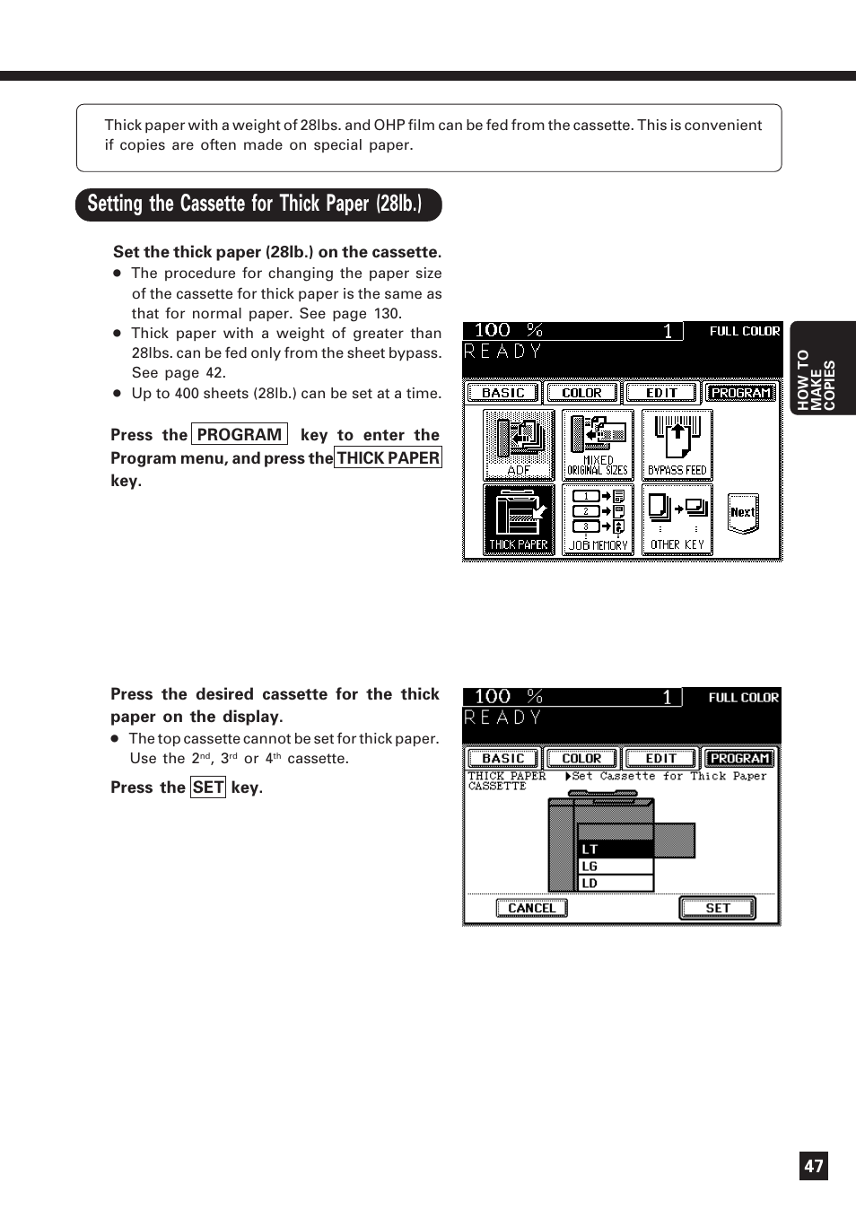 Cassette setting for thick paper / ohp film, Cassette setting for thick paper/ohp film | Lanier DIGITAL COLOR PRINTER/COPIER 5722 User Manual | Page 50 / 173