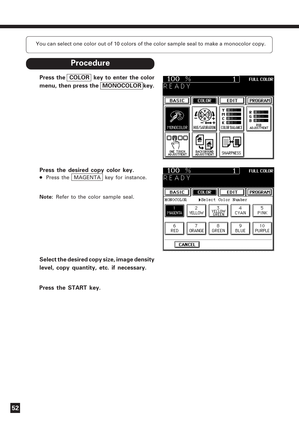 Monocolor copying | Lanier DIGITAL COLOR PRINTER/COPIER 5722 User Manual | Page 55 / 173