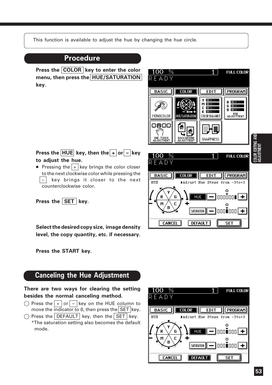 Hue adjustment | Lanier DIGITAL COLOR PRINTER/COPIER 5722 User Manual | Page 56 / 173
