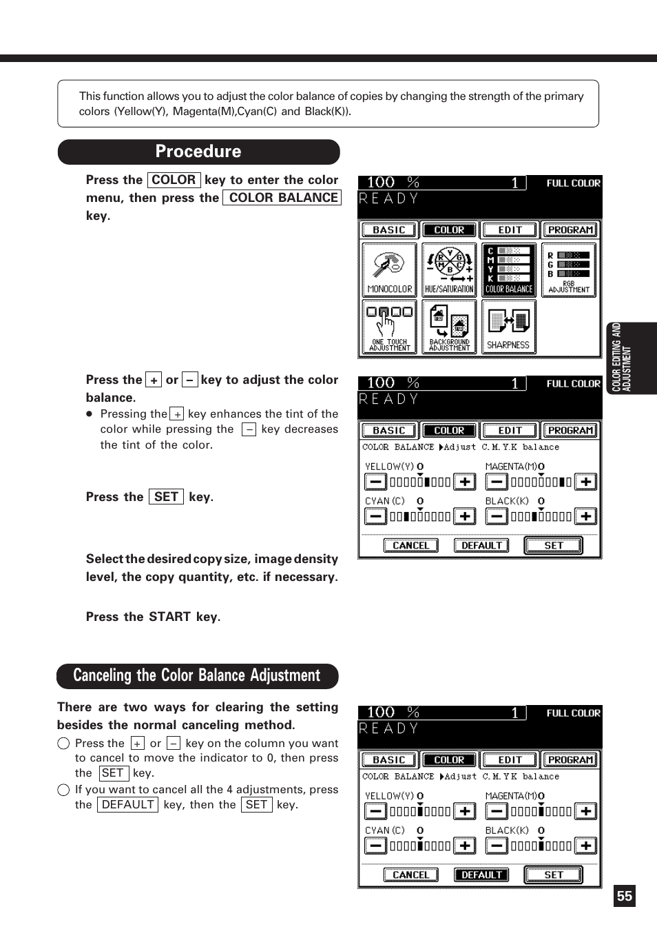 Color balance (ymck adjustment) | Lanier DIGITAL COLOR PRINTER/COPIER 5722 User Manual | Page 58 / 173