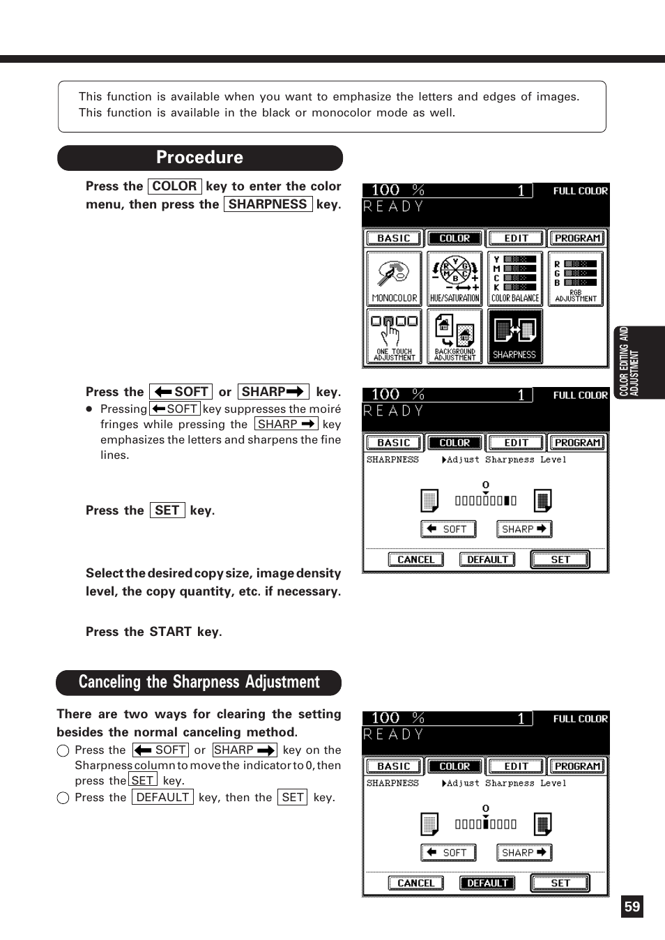 Sharpness adjustment | Lanier DIGITAL COLOR PRINTER/COPIER 5722 User Manual | Page 62 / 173