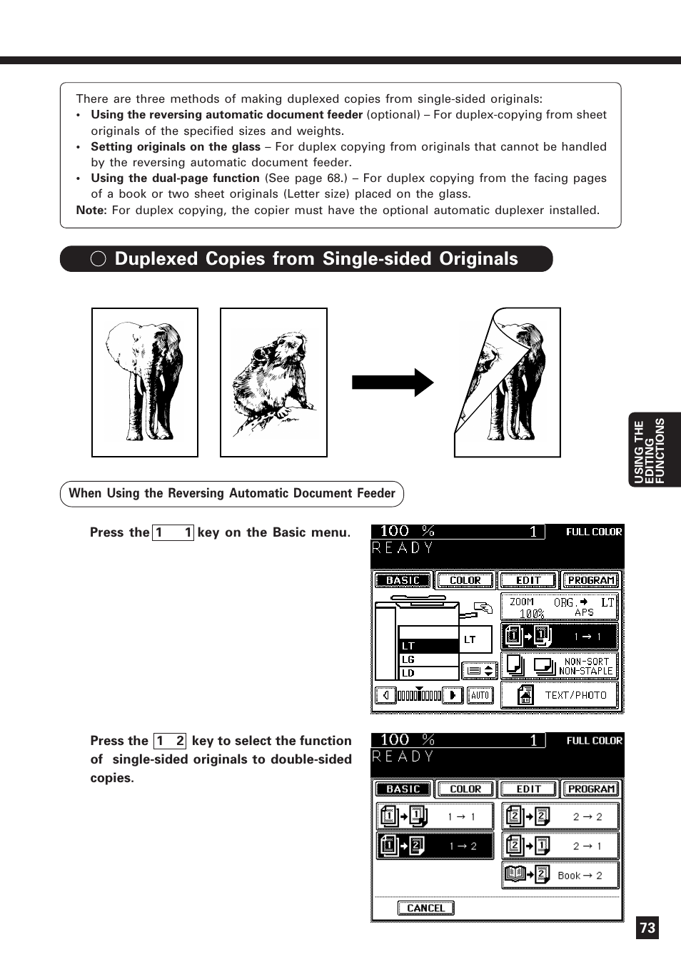 Duplex copying, 1) duplexed copies from single-sided originals | Lanier DIGITAL COLOR PRINTER/COPIER 5722 User Manual | Page 76 / 173