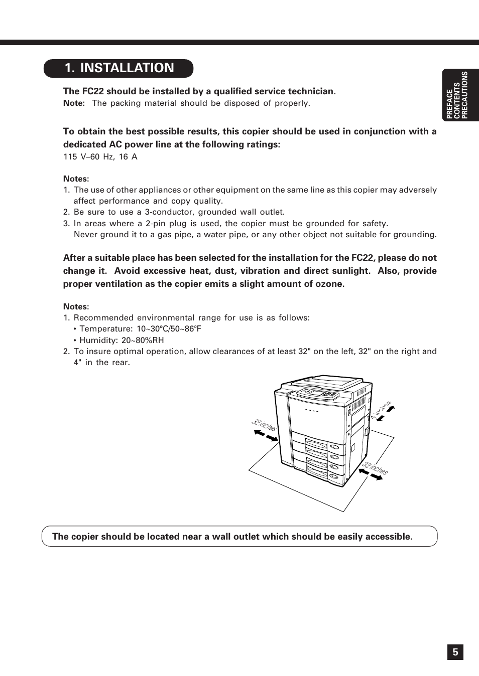 Precautions, Installation | Lanier DIGITAL COLOR PRINTER/COPIER 5722 User Manual | Page 8 / 173