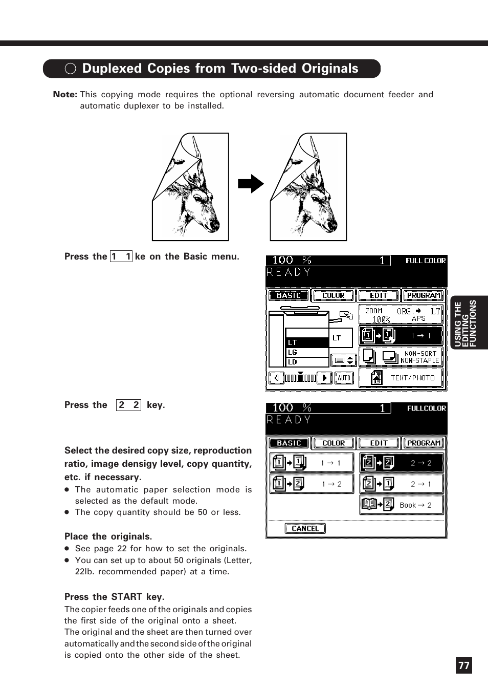 2) duplexed copies from two-sided originals | Lanier DIGITAL COLOR PRINTER/COPIER 5722 User Manual | Page 80 / 173