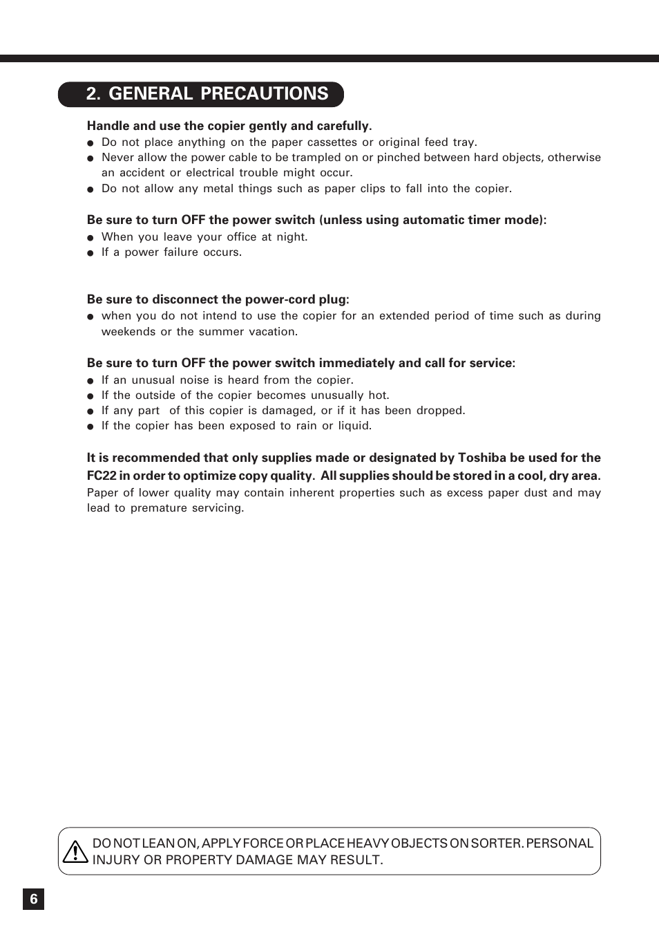 General precautions, Precautions (cont.) | Lanier DIGITAL COLOR PRINTER/COPIER 5722 User Manual | Page 9 / 173