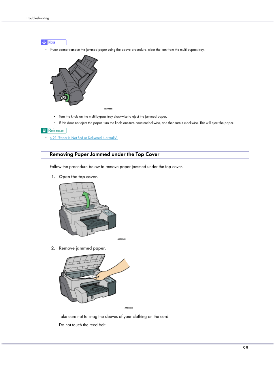 Removing paper jammed under the top cover | Lanier GX5050 User Manual | Page 101 / 279