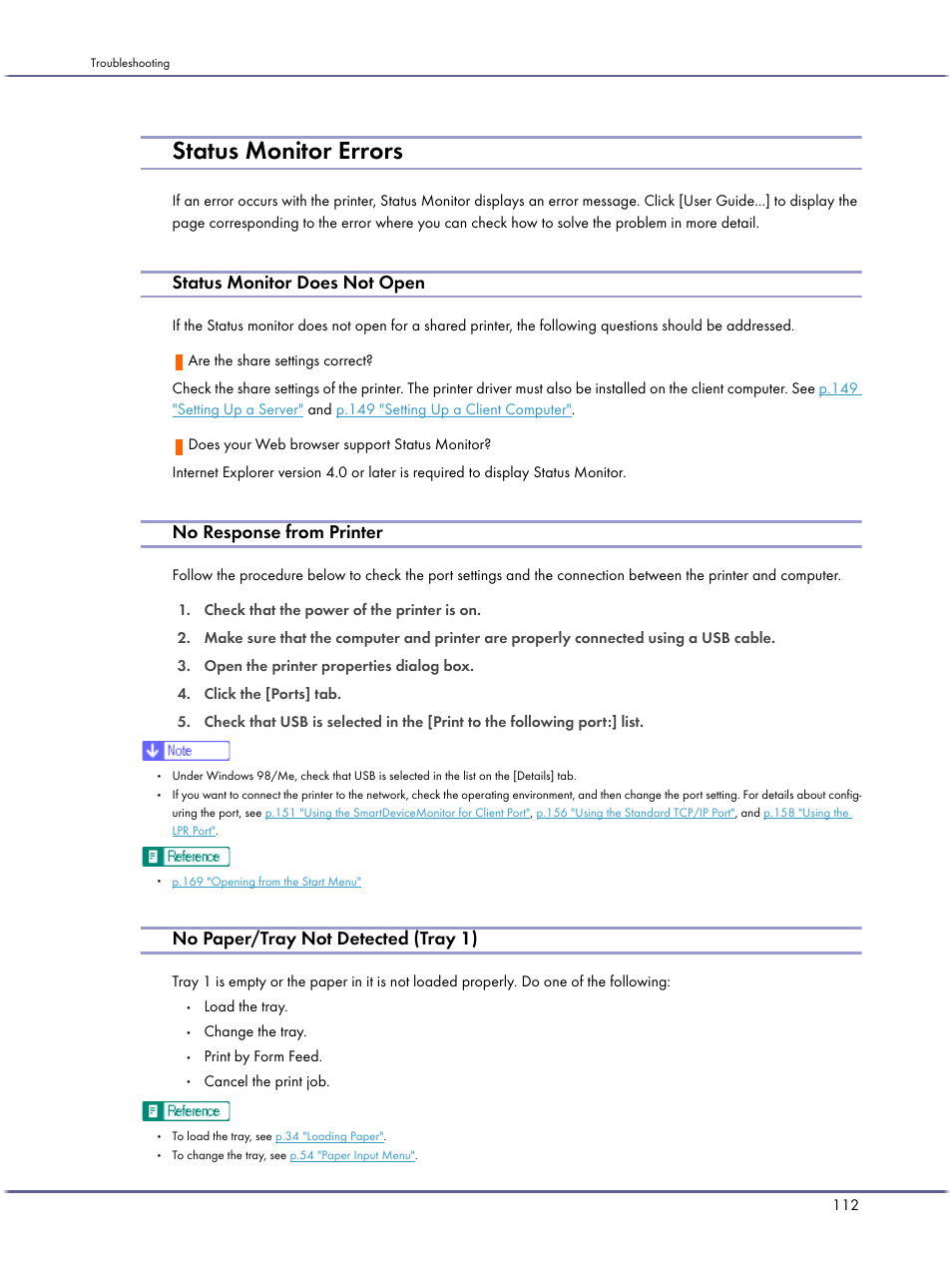 Status monitor errors, Status monitor does not open, No response from printer | No paper/tray not detected (tray 1), P.112 "status monitor errors, P.112 "no paper/tray not detected (tray 1) | Lanier GX5050 User Manual | Page 115 / 279