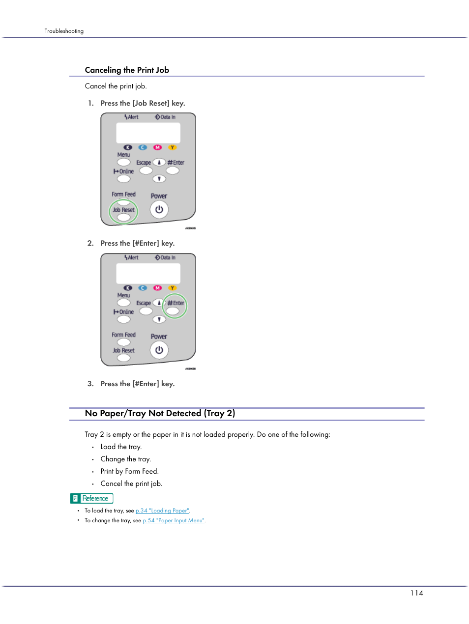 No paper/tray not detected (tray 2), Canceling the print job | Lanier GX5050 User Manual | Page 117 / 279