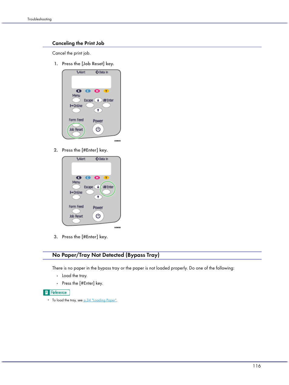 No paper/tray not detected (bypass tray), Canceling the print job, P.116 "no paper/tray not detected (bypass tray) | Lanier GX5050 User Manual | Page 119 / 279