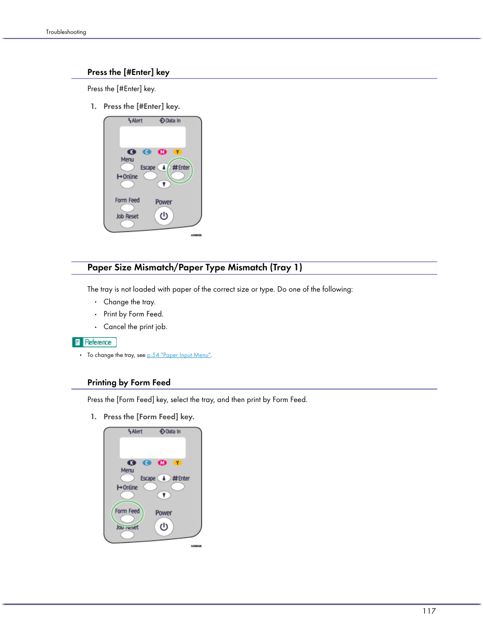 Paper size mismatch/paper type mismatch (tray 1), Press the [#enter] key, Printing by form feed | Lanier GX5050 User Manual | Page 120 / 279