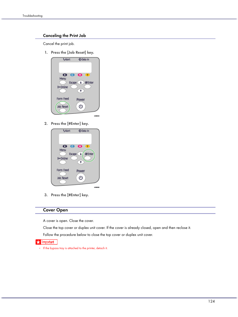 Cover open, Canceling the print job, P.124 "cover open | Lanier GX5050 User Manual | Page 127 / 279