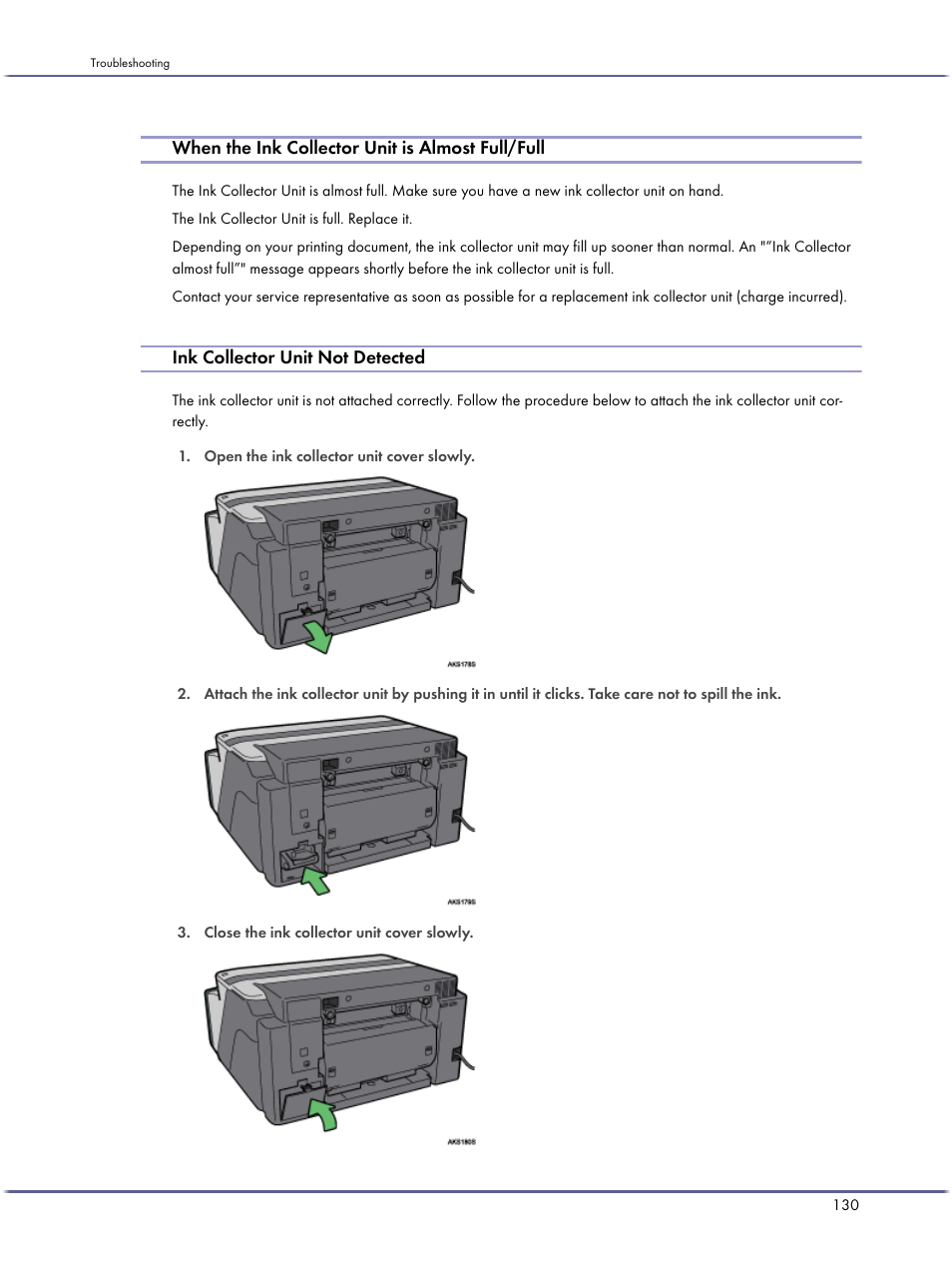 When the ink collector unit is almost full/full, Ink collector unit not detected | Lanier GX5050 User Manual | Page 133 / 279