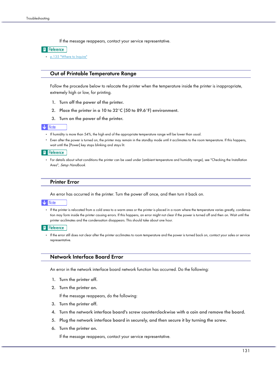 Out of printable temperature range, Printer error, Network interface board error | P.131 "network interface board error, P.131 "out of printable temperature range | Lanier GX5050 User Manual | Page 134 / 279