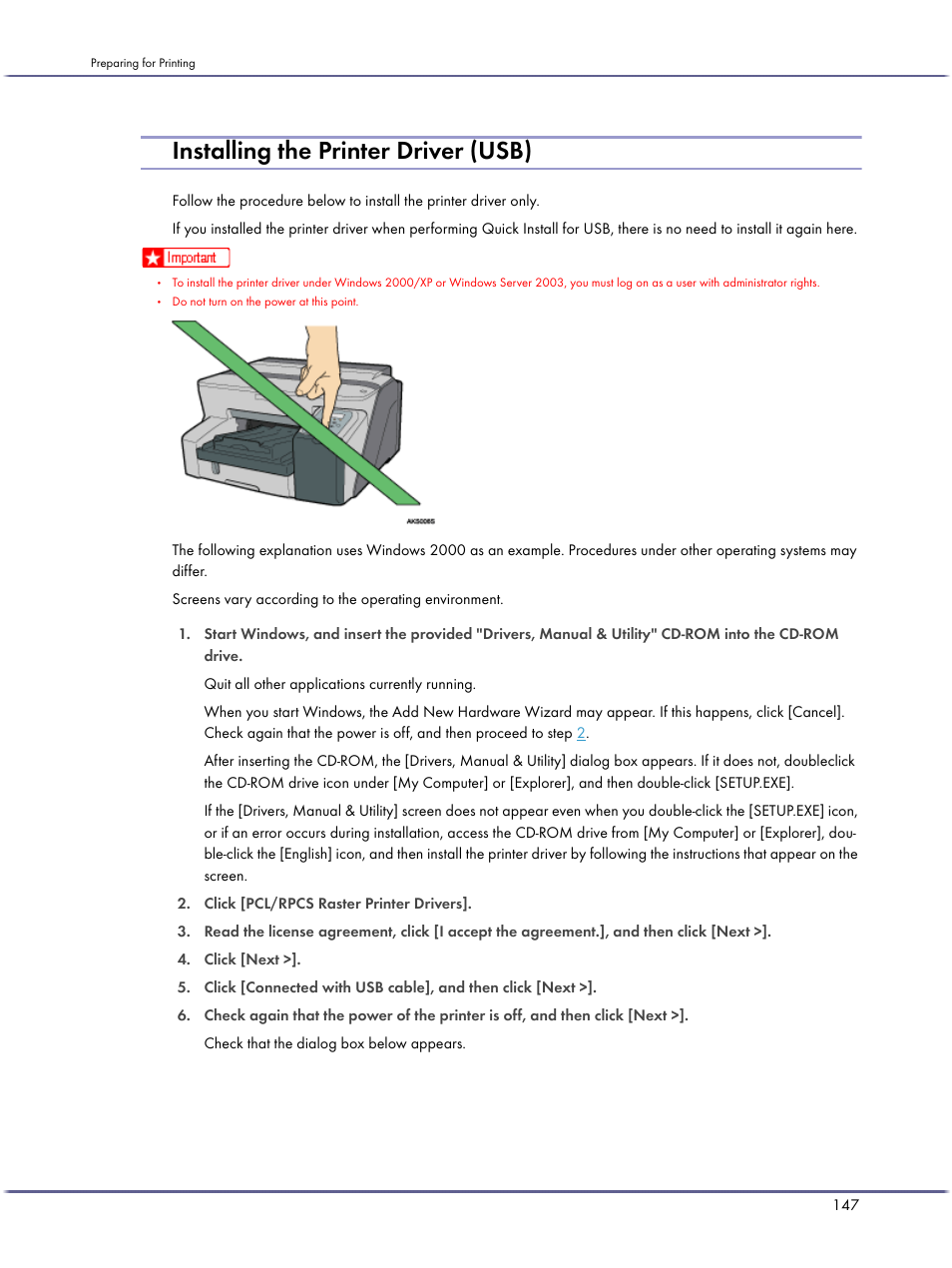 Installing the printer driver (usb), P.147 "installing the printer driver (usb) | Lanier GX5050 User Manual | Page 150 / 279