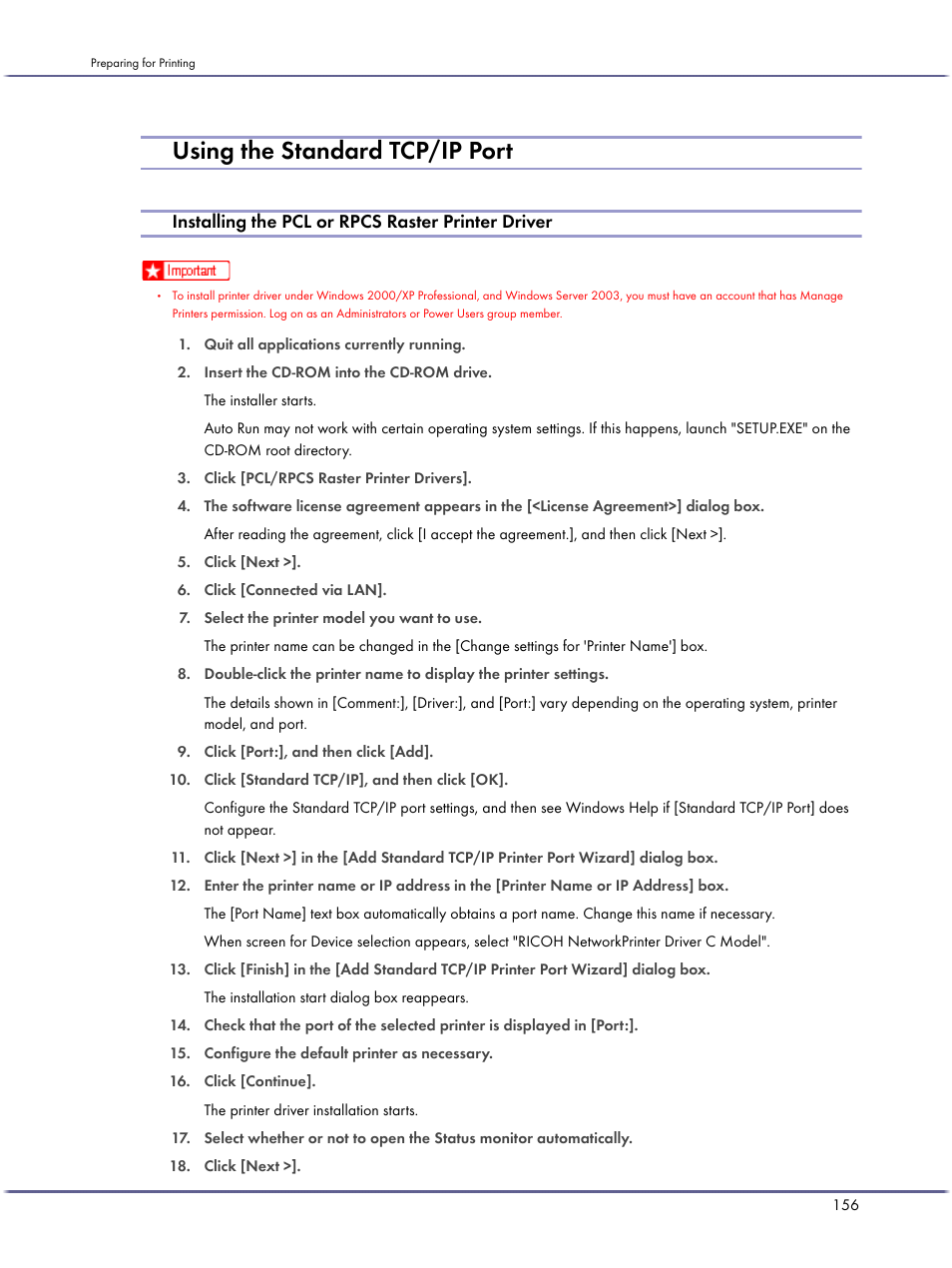 Using the standard tcp/ip port, Installing the pcl or rpcs raster printer driver, P.156 "using the standard tcp/ip port | Lanier GX5050 User Manual | Page 159 / 279