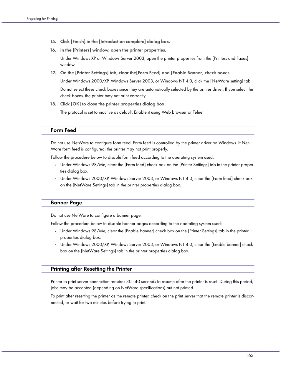 Form feed, Printing after resetting the printer, Banner page | Lanier GX5050 User Manual | Page 166 / 279